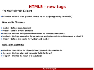 HTML5 – Canvas Example
<canvas id="myCanvas" width="200" height="100"
style="border:1px solid #c3c3c3;">
Your browser does not support the HTML5 canvas
tag.
</canvas>
<script>
var c=document.getElementById("myCanvas");
var ctx=c.getContext("2d");
ctx.fillStyle="#FF0000";
ctx.fillRect(0,0,150,75);
</script>
9
Ravi Yelluripati

 