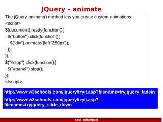 JQuery – reference
HTML / CSS Methods
http://www.w3schools.com/jquery/jquery_ref_html.asp
Ajax methods
http://www.w3schools.com/jquery/jquery_ref_ajax.asp
Miscellaneous methods
http://www.w3schools.com/jquery/jquery_ref_misc.asp
Properties
http://www.w3schools.com/jquery/jquery_ref_prop.asp
Traversing Methods
http://www.w3schools.com/jquery/jquery_ref_traversing.asp
99
Ravi Yelluripati

 