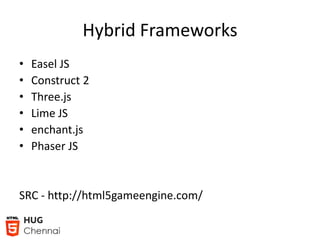 Hybrid Frameworks
• Easel JS
• Construct 2
• Three.js
• Lime JS
• enchant.js
• Phaser JS
SRC - http://html5gameengine.com/
 