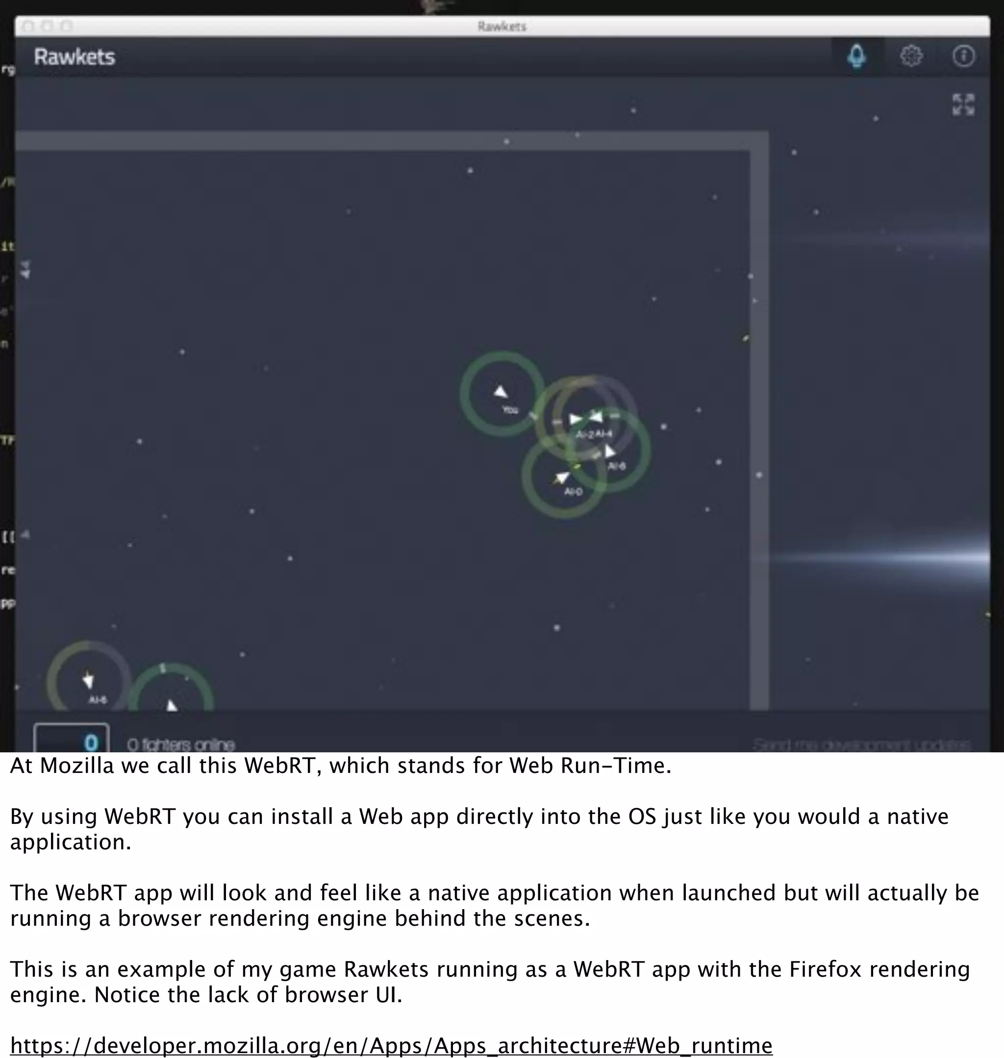 At Mozilla we call this WebRT, which stands for Web Run-Time.

By using WebRT you can install a Web app directly into the OS just like you would a native
application.

The WebRT app will look and feel like a native application when launched but will actually be
running a browser rendering engine behind the scenes.

This is an example of my game Rawkets running as a WebRT app with the Firefox rendering
engine. Notice the lack of browser UI.

https://developer.mozilla.org/en/Apps/Apps_architecture#Web_runtime
 