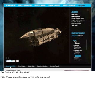 Eve Online WebGL ship viewer.

http://www.eveonline.com/universe/spaceships/
 