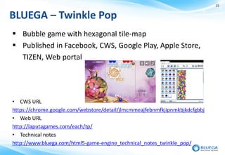 15


BLUEGA – Twinkle Pop
 Bubble game with hexagonal tile-map
 Published in Facebook, CWS, Google Play, Apple Store,
  TIZEN, Web portal




• CWS URL
https://chrome.google.com/webstore/detail/jlmcmmeajfebnmfkjipnmkbjkdcfgbbj
• Web URL
http://laputagames.com/each/tp/
• Technical notes
http://www.bluega.com/html5-game-engine_technical_notes_twinkle_pop/
 