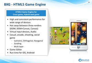 18

BXG - HTML5 Game Engine
         HTML5 Game Engine for
      Cross game, Hybrid web game

 • High and consistent performance for
   wide range of devices
 • Hot swap between three renders
   (DOM, DOM+Canvas, Canvas)
 • Virtual input devices, Audio
 • Casual, arcade, shooting, social
   game
     - Isometric, Orthogonal, Hexagonal
     - Scrolling
     - Multi-layer
 • Game Editor
 • Run-time for iOS, Android
 