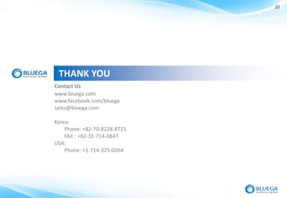 20




 THANK YOU
Contact Us
www.bluega.com
www.facebook.com/bluega
sales@bluega.com

Korea:
    Phone: +82-70-8228-8721
    FAX : +82-31-714-0847
USA:
    Phone: +1-714-325-0264
 
