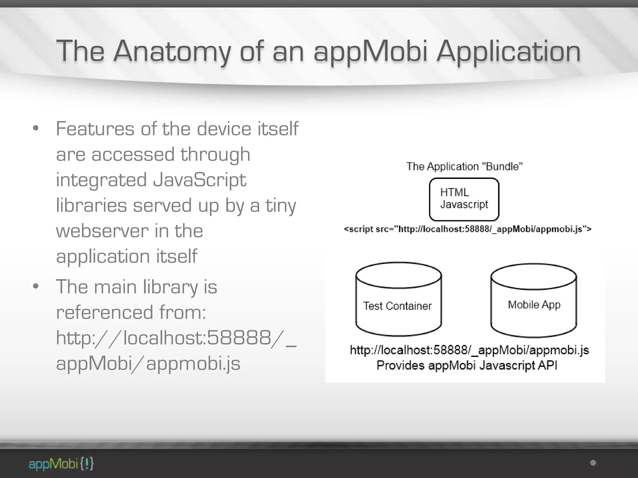 The Anatomy of an appMobi Application

• Features of the device itself
  are accessed through
  integrated JavaScript
  libraries served up by a tiny
  webserver in the
  application itself
• The main library is
  referenced from:
  http://localhost:58888/_
  appMobi/appmobi.js
 