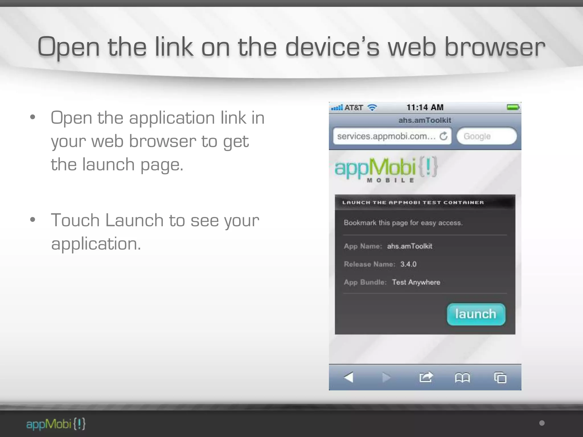 Open the link on the device’s web browser

• Open the application link in
  your web browser to get
  the launch page.

• Touch Launch to see your
  application.
 