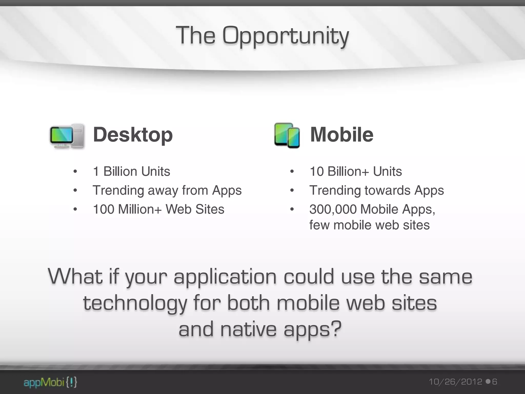 The Opportunity


      Desktop                       Mobile
  •   1 Billion Units           •   10 Billion+ Units
  •   Trending away from Apps   •   Trending towards Apps
  •   100 Million+ Web Sites    •   300,000 Mobile Apps,
                                    few mobile web sites



What if your application could use the same
  technology for both mobile web sites
             and native apps?

                                                      10/26/2012   6
 