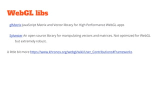 WebGL libs
glMatrix JavaScript Matrix and Vector library for High Performance WebGL apps
Sylvester An open source library for manipulating vectors and matrices. Not optimized for WebGL
but extremely robust.
A little bit more https://www.khronos.org/webgl/wiki/User_Contributions#Frameworks
 