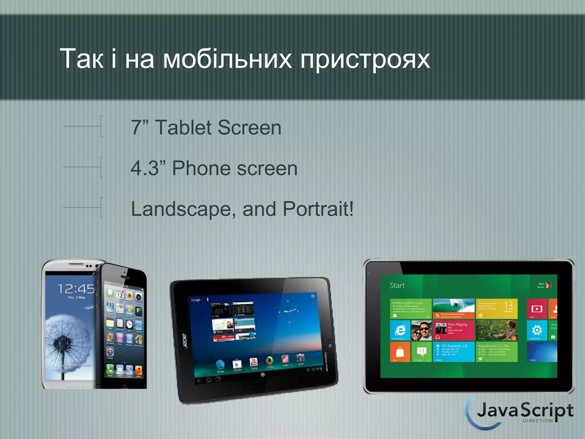 Так і на мобільних пристроях

     7” Tablet Screen
     4.3” Phone screen
     Landscape, and Portrait!
 