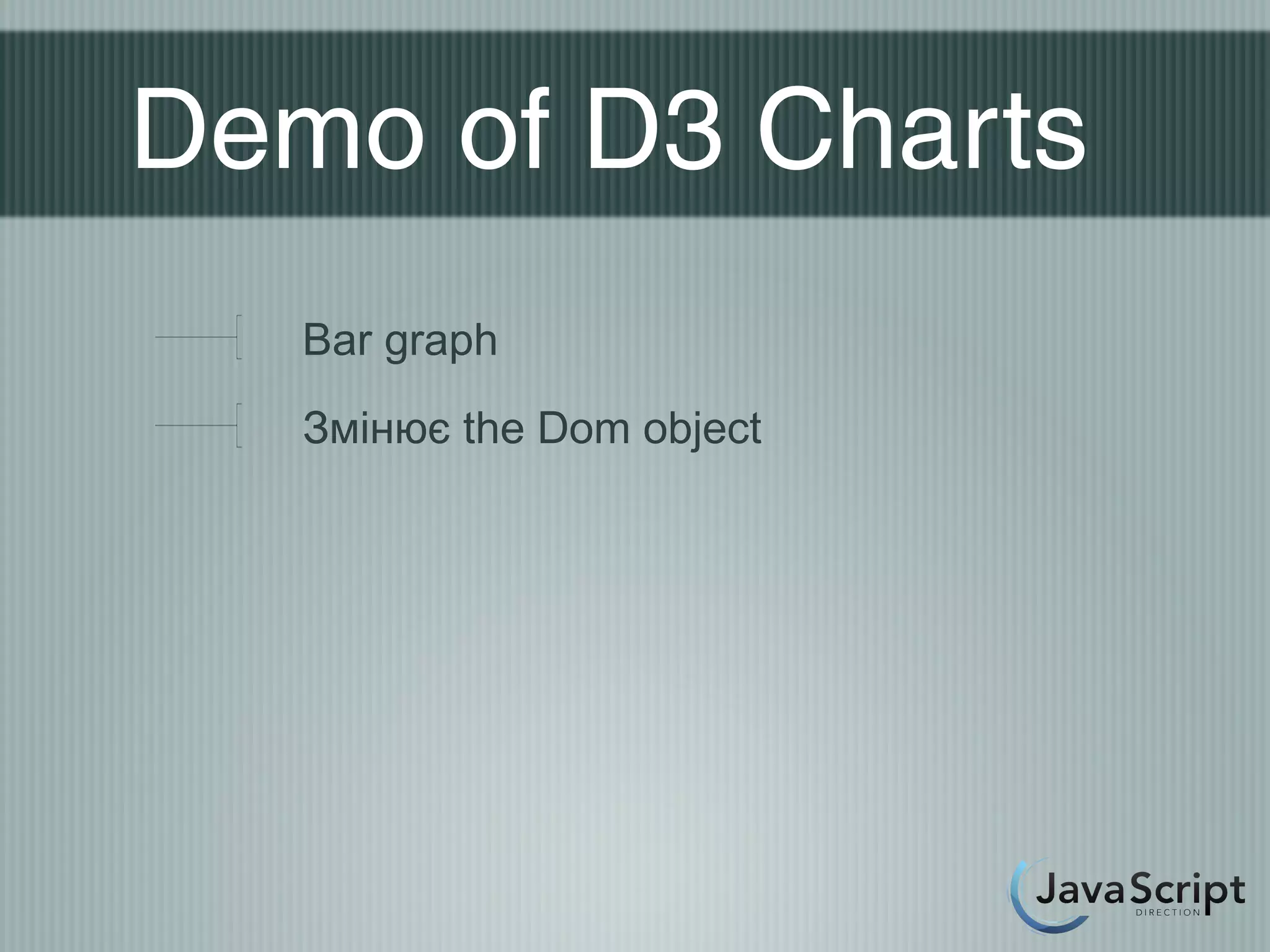 Demo of D3 Charts
   Bar graph
   Змінює the Dom object
 