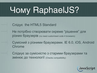 Чому RaphaelJS?
Слідує the HTML5 Standard
Не потрібно створювати окреме “рішення” для
різних браузерів (no need customised code 4 browsers)
Сумісний з різними браузерами. IE 6.0, iOS, Android
Chrome
Слідкує за сумісністю з старими браузерами та
змінює до технології (Checks compatibility)
 