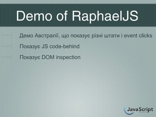 Demo of RaphaelJS
Демо Австралії, що показує різні штати і event clicks
Показує JS code-behind
Показує DOM inspection
 