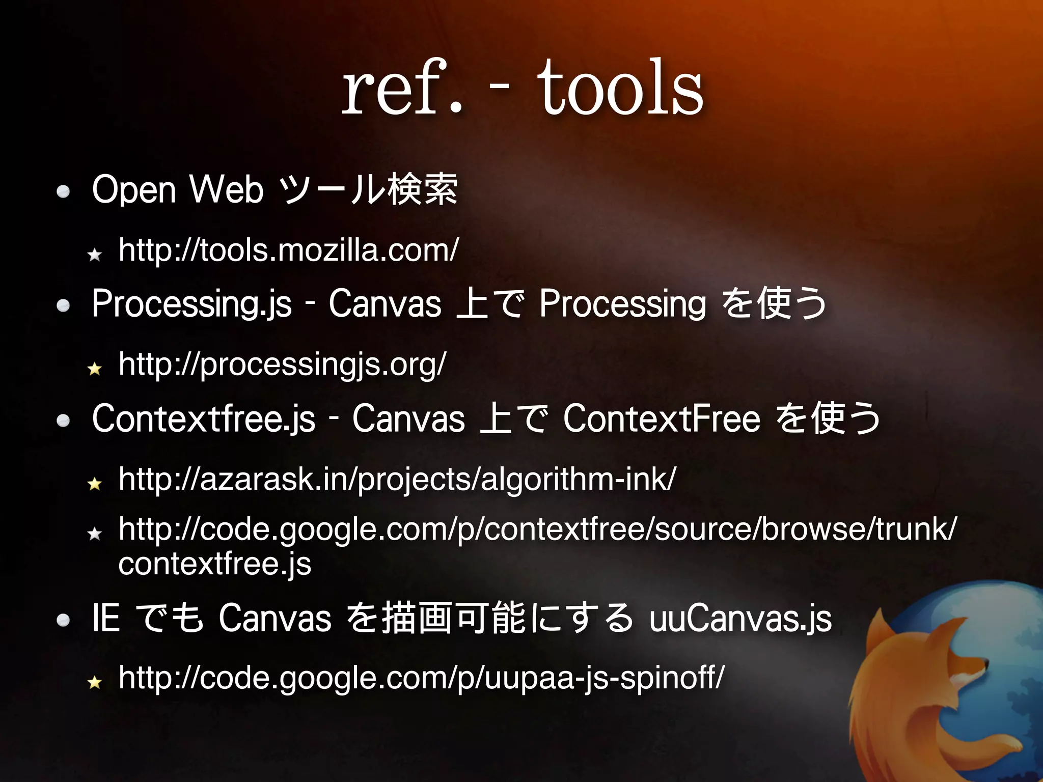 http://tools.mozilla.com/


http://processingjs.org/


http://azarask.in/projects/algorithm-ink/
http://code.google.com/p/contextfree/source/browse/trunk/
contextfree.js


http://code.google.com/p/uupaa-js-spinoff/
 