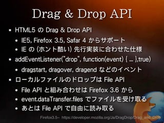 Firefox3.5~ https://developer.mozilla.org/Ja/DragDrop/Drag_and_Drop
 