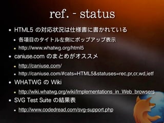http://www.whatwg.org/html5


http://caniuse.com/
http://caniuse.com/#cats=HTML5&statuses=rec,pr,cr,wd,ietf


http://wiki.whatwg.org/wiki/Implementations_in_Web_browsers


http://www.codedread.com/svg-support.php
 