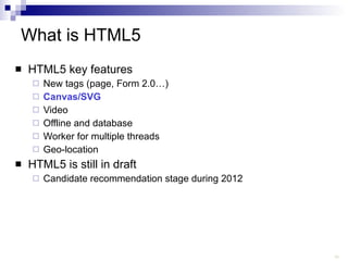 What is HTML5 HTML5 key features New tags (page, Form 2.0…) Canvas/SVG Video Offline and database Worker for multiple threads Geo-location HTML5 is still in draft Candidate recommendation stage during 2012  
