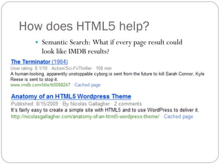 How does HTML5 help? Semantic Search: What if every page result could look like IMDB results? 