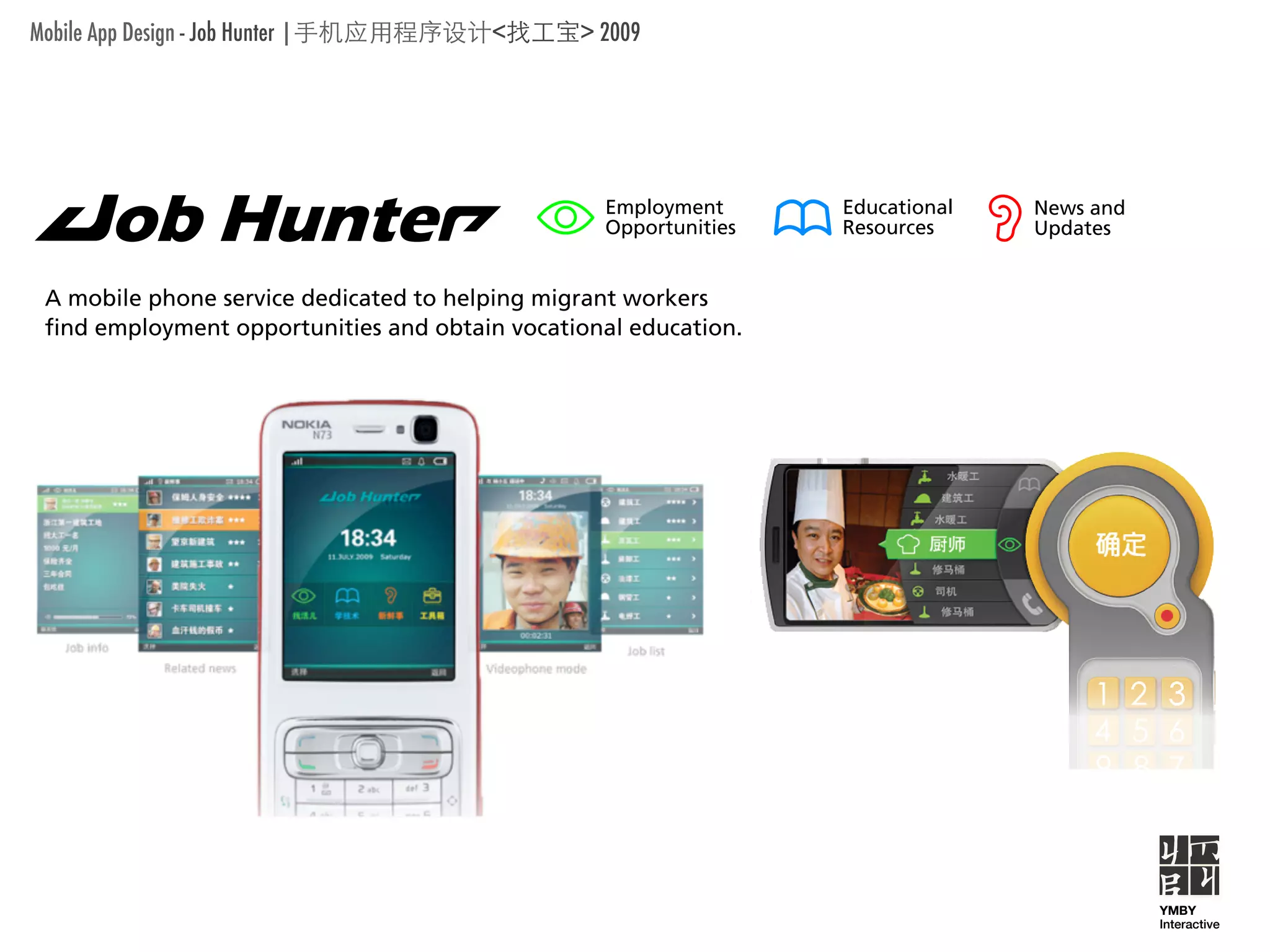 Mobile App Design - Job Hunter |             <   > 2009




                                                   Employment      Educational   News and
                                                   Opportunities   Resources     Updates


 A mobile phone service dedicatedservice dedicated to helping
            A mobile phone to helping migrant workers        migrant workers
 find employment opportunities and obtain vocational education.
                  find employment opportunities and obtain vocational education.

          Employment
          Opportunities
                             Employment
                             Opportunities
          Educational
          Resources


          News and           Educational
          Updates            Resources


                             News and
                             Updates




                                                                                            YMBY
                                                                                            Interactive
 