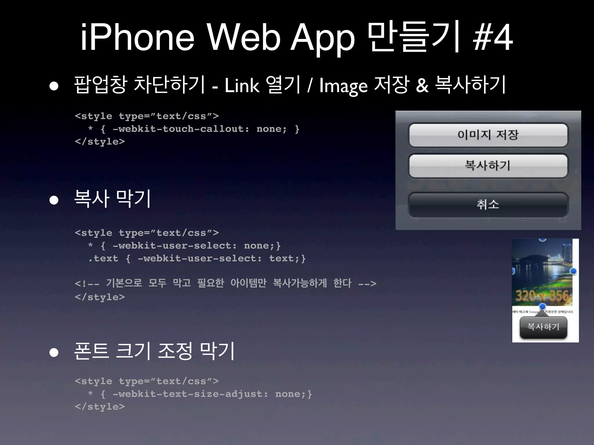 iPhone Web App 만들기 #4
•   팝업창 차단하기 - Link 열기 / Image 저장 & 복사하기
    <style type=”text/css”>
      * { -webkit-touch-callout: none; }
    </style>




•   복사 막기
    <style type=”text/css”>
      * { -webkit-user-select: none;}
      .text { -webkit-user-select: text;}

    <!-- 기본으로 모두 막고 필요한 아이템만 복사가능하게 한다 -->
    </style>




•   폰트 크기 조정 막기
    <style type=”text/css”>
      * { -webkit-text-size-adjust: none;}
    </style>
 
