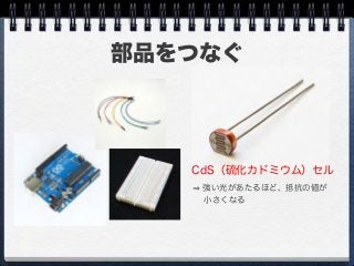 部品をつなぐ
CdS（硫化カドミウム）セル
強い光があたるほど、抵抗の値が
  小さくなる
 