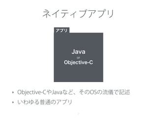 ネイティブアプリ
7
‣ Objective-CやJavaなど、そのOSの流儀で記述
‣ いわゆる普通のアプリ
Java
or
Objective-C
Java
or
Objective-C
アプリ
 