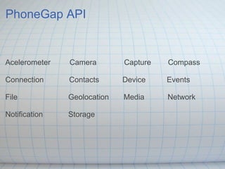 PhoneGap API
Acelerometer Camera Capture Compass
Connection Contacts Device Events
File Geolocation Media Network
Notification Storage
 