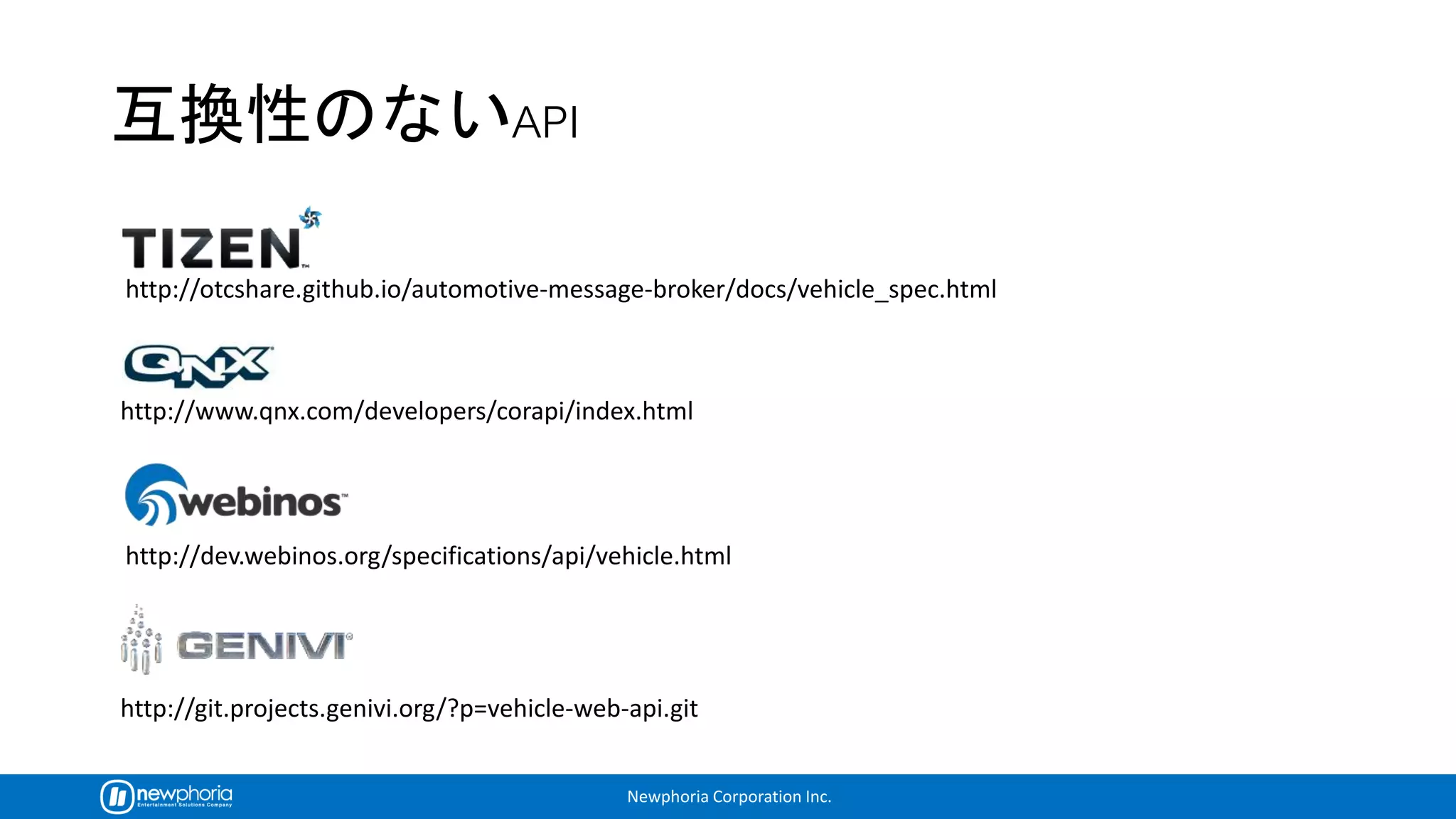 Newphoria Corporation Inc.
http://dev.webinos.org/specifications/api/vehicle.html
http://otcshare.github.io/automotive-message-broker/docs/vehicle_spec.html
http://www.qnx.com/developers/corapi/index.html
http://git.projects.genivi.org/?p=vehicle-web-api.git
 