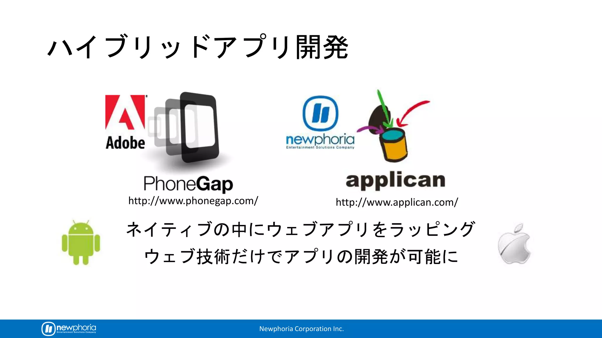 Newphoria Corporation Inc.
http://www.phonegap.com/ http://www.applican.com/
 
