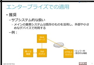 エンタープライズでの適用
• 推奨

– サブシステム的な扱い

» メインの業務システムは既存のものを活用し、外部や小さ
めなデバイスで利用する

– 例：

Java
サーバ

様々な
機器

Japan Java User Group

.Net
ｸﾗｲｱﾝﾄ

・ビュワー的

HTML5 ・限定的な機能
ｸﾗｲｱﾝﾄ

35

 