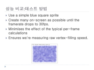 성능 비교:테스트 방법
   Use a simple blue square sprite
   Create many on-screen as possible until the
    framerate drops to 30fps.
   Minimises the effect of the typical per-frame
    calculations
   Ensures we're measuring raw vertex-filling speed.
 