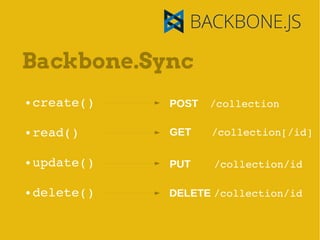Backbone.Sync
●   create()   POST   /collection

●   read()     GET    /collection[/id]

●   update()   PUT    /collection...
