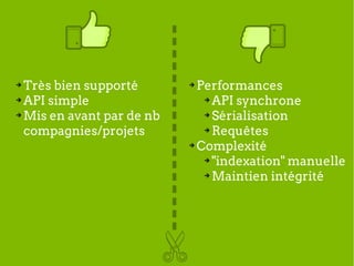 ➔ Très bien supporté       ➔ Performances
➔ API simple                  ➔ API synchrone

➔ Mis en avant par de nb      ➔ S...