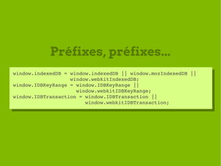 Préfixes, préfixes...
window.indexedDB = window.indexedDB || window.mozIndexedDB ||     
 window.indexedDB = window.indexe...