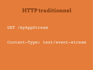 HTTP traditionnel


GET /myAppStream


Content­Type: text/event­stream
 