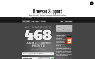 MALMBERG	
  	
  	
  	
  |	
  	
  	
  	
  THE	
  TRUTH	
  ABOUT	
  HTML5	
  |	
  LUNCH	
  &	
  LEARN	
  
Browsers strive to have the best HTML5 support
29
-­‐	
  Goal	
  is	
  to	
  offer	
  the	
  best	
  support,	
  not	
  to	
  differentiate	
  -­‐	
  
Browser Support
 