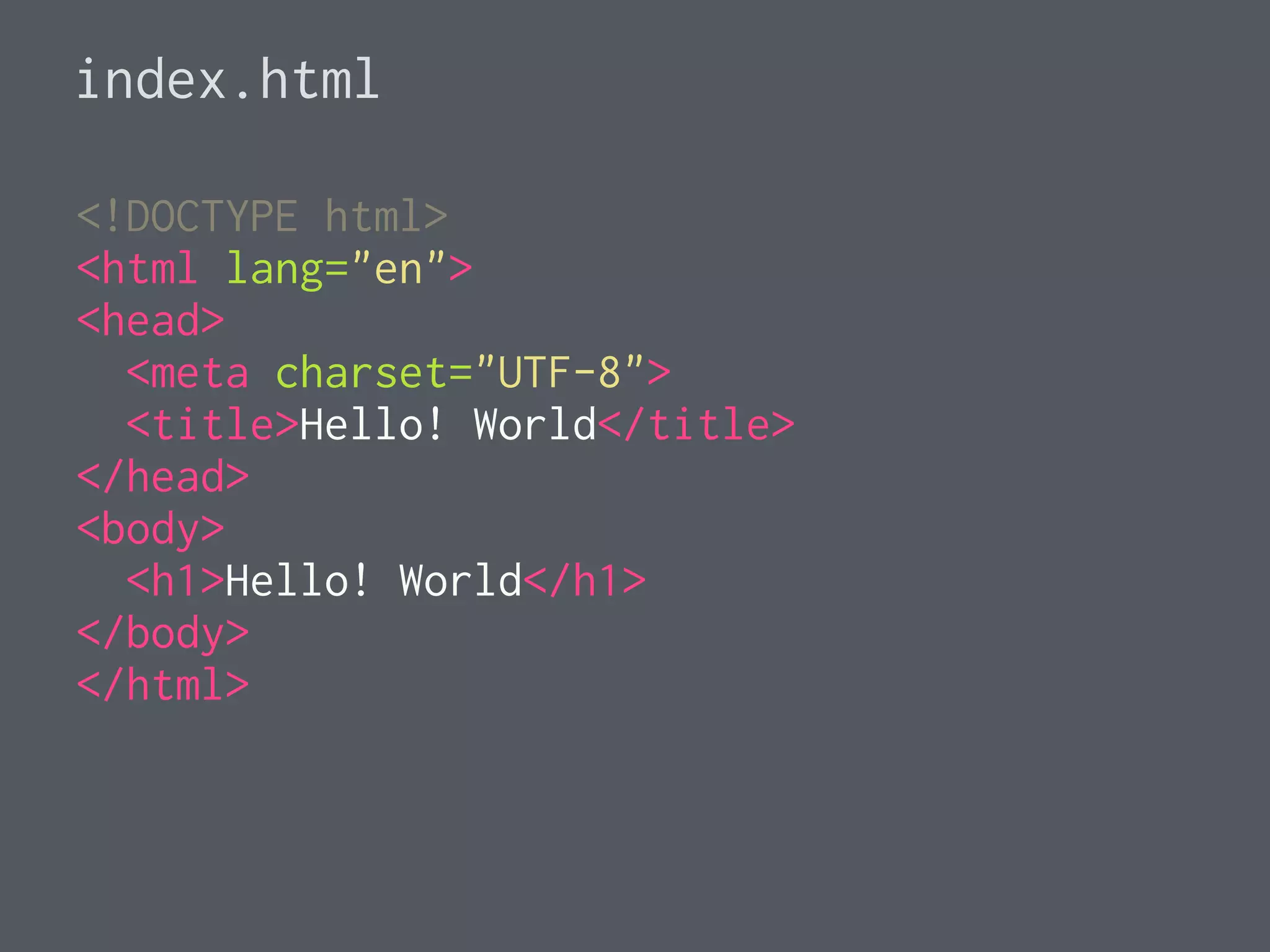 index.html
<!DOCTYPE html>
<html lang="en">
<head>
<meta charset="UTF-8">
<title>Hello! World</title>
</head>
<body>
<h1>Hello! World</h1>
</body>
</html>
 