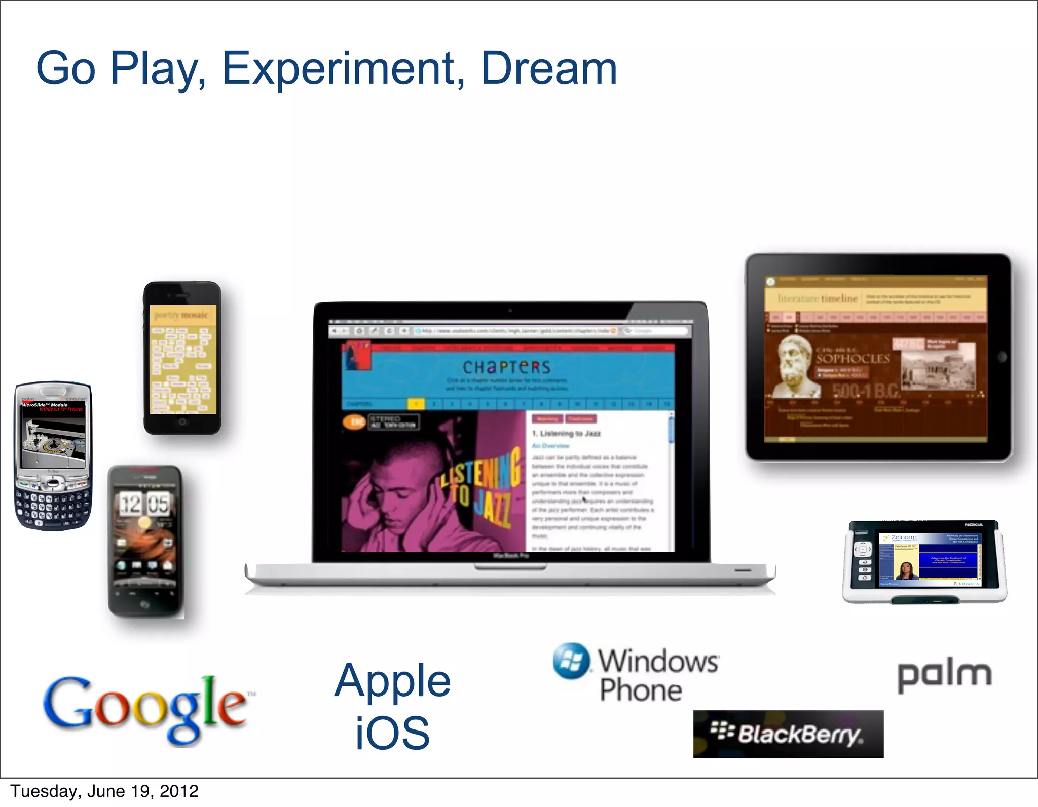 Go Play, Experiment, Dream




                         Apple
                          iOS
Tuesday, June 19, 2012
 