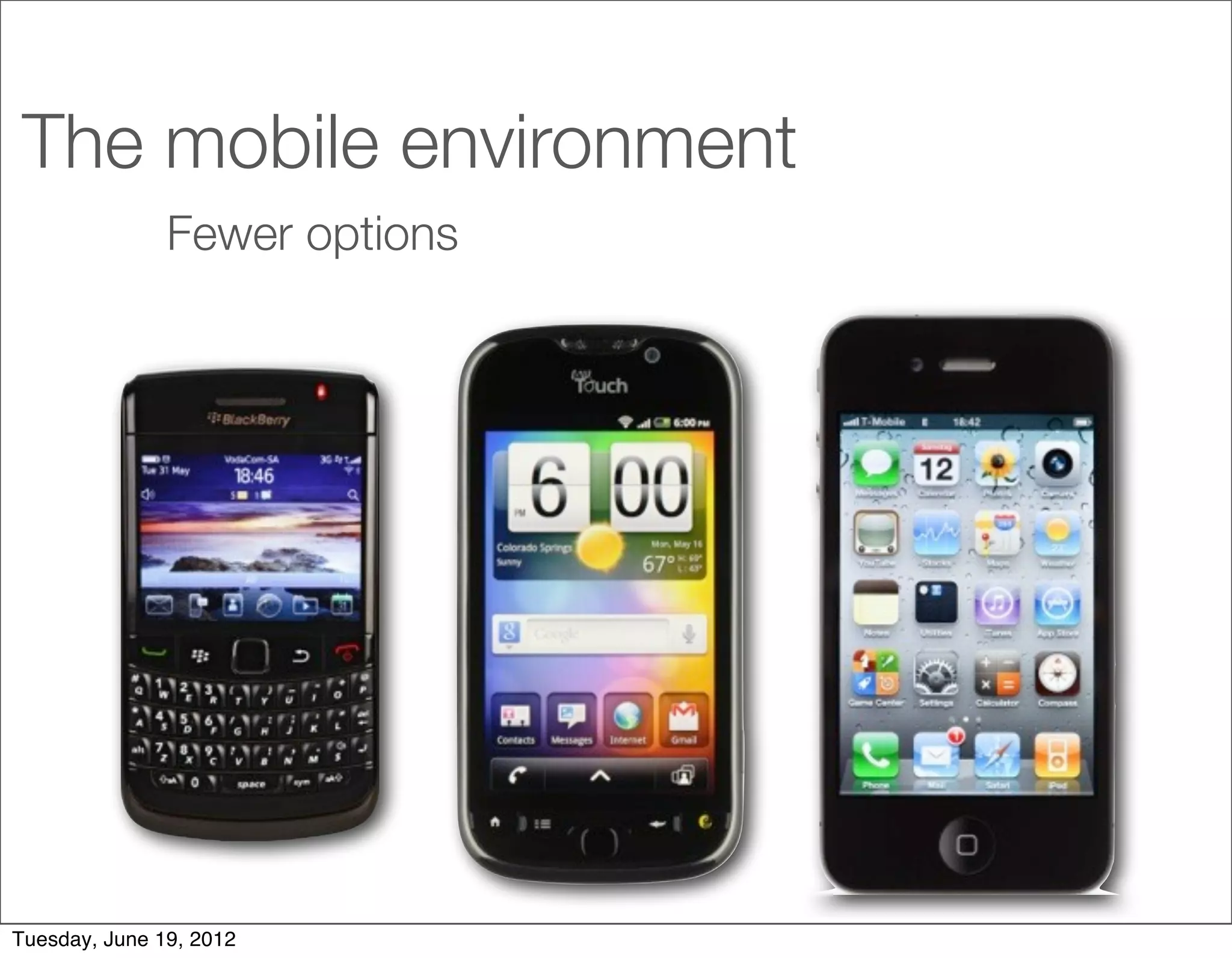 The mobile environment
               Fewer options




Tuesday, June 19, 2012
 