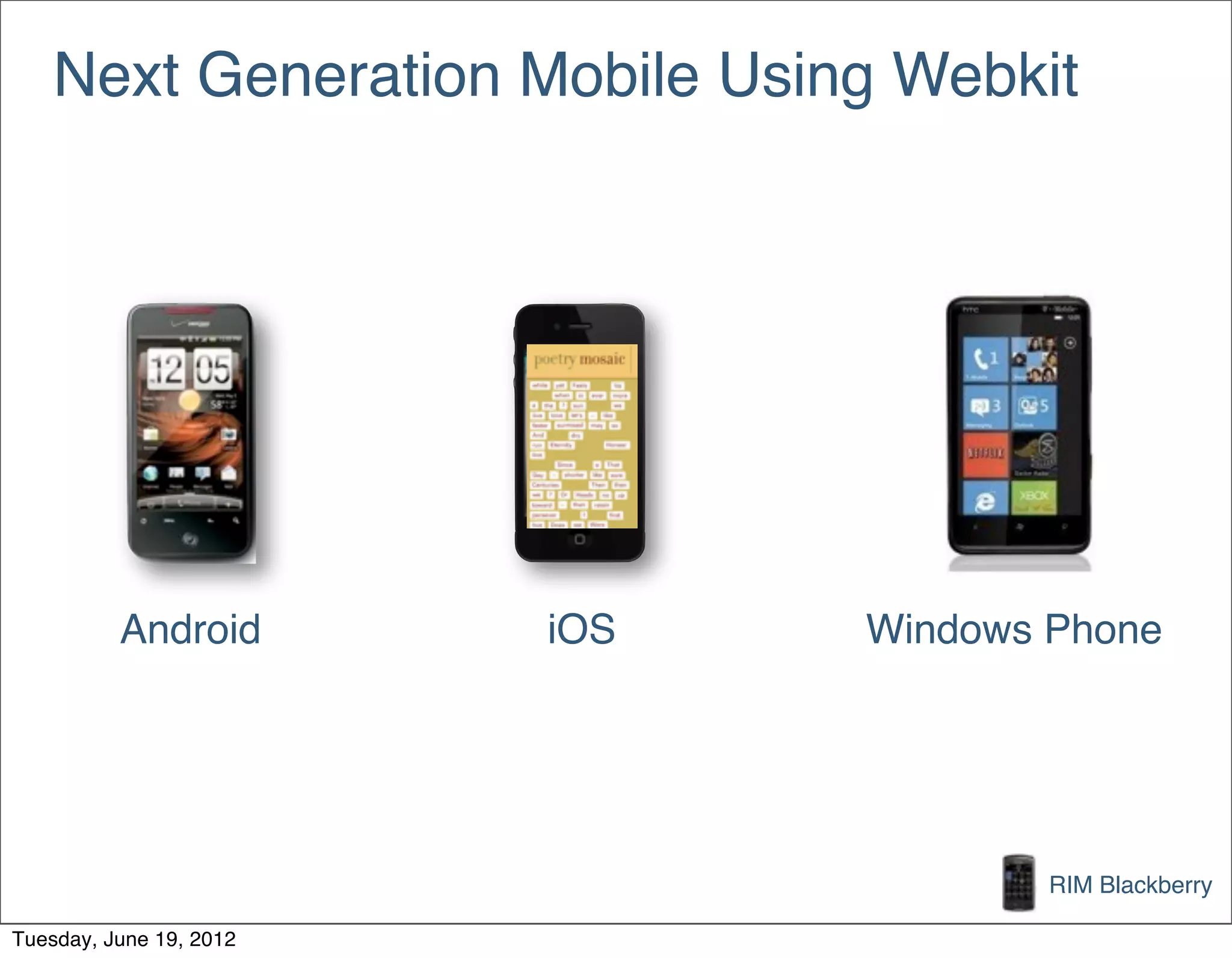 Next Generation Mobile Using Webkit




          Android        iOS   Windows Phone




                                       RIM Blackberry

Tuesday, June 19, 2012
 