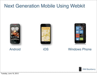 Next Generation Mobile Using Webkit




          Android        iOS   Windows Phone




                                       RIM Blackberry

Tuesday, June 19, 2012
 