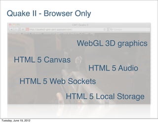 Quake II - Browser Only


                           WebGL 3D graphics

         HTML 5 Canvas
                              HTML 5 Audio
             HTML 5 Web Sockets
                         HTML 5 Local Storage

Tuesday, June 19, 2012
 