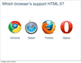Which browser’s support HTML 5?




              Chrome     Safari   Firefox   Opera




Tuesday, June 19, 2012
 