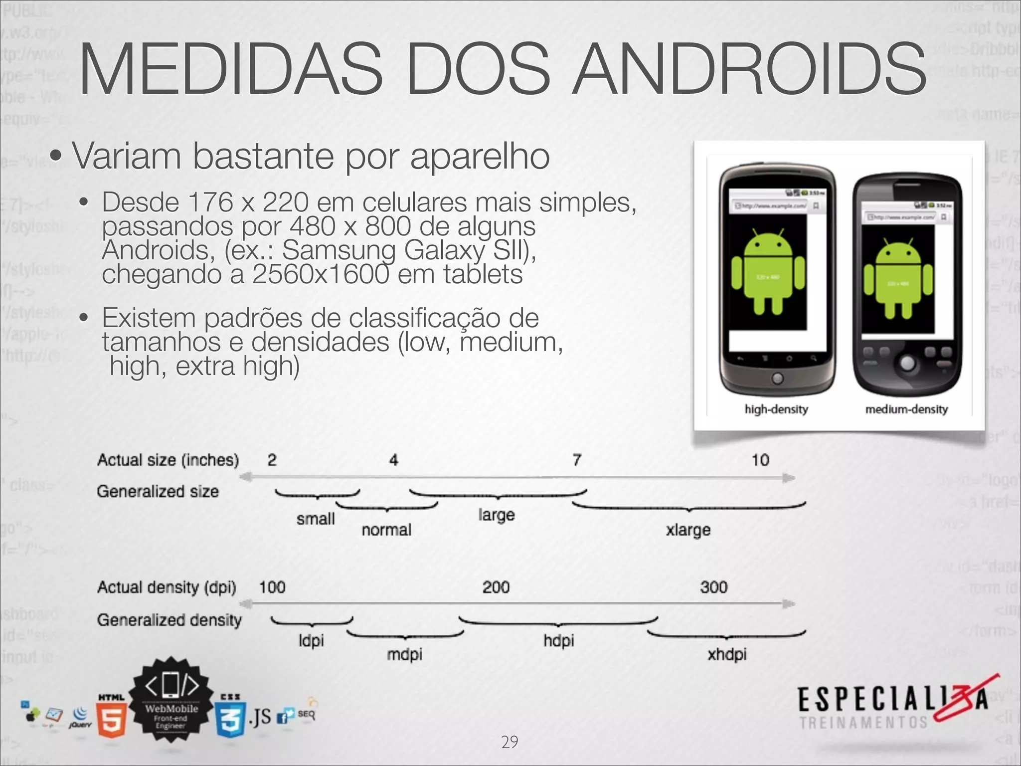 MEDIDAS DOS ANDROIDS
• Variam    bastante por aparelho
 •   Desde 176 x 220 em celulares mais simples,
     passandos por 480 x 800 de alguns
     Androids, (ex.: Samsung Galaxy SII),
     chegando a 2560x1600 em tablets
 •   Existem padrões de classiﬁcação de
     tamanhos e densidades (low, medium,
      high, extra high)




                                    29
 
