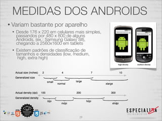 MEDIDAS DOS ANDROIDS
• Variam    bastante por aparelho
 •   Desde 176 x 220 em celulares mais simples,
     passandos por 480 x 800 de alguns
     Androids, (ex.: Samsung Galaxy SII),
     chegando a 2560x1600 em tablets
 •   Existem padrões de classiﬁcação de
     tamanhos e densidades (low, medium,
      high, extra high)




                                    29
 