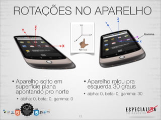 ROTAÇÕES NO APARELHO




• Aparelho solto em                     • Aparelho  rolou pra
 superfície plana                           esquerda 30 graus
 apontando pro norte                    •   alpha: 0, beta: 0, gamma: 30
 •   alpha: 0, beta: 0, gamma: 0


                                   12
 