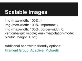 Scalable images
img {max-width: 100%; }
img {max-width: 100% !important; }
img {max-width: 100%; border-width: 0;
vertical-align: middle; -ms-interpolation-mode:
bicubic; height: auto;}

Additional bandwidth friendly options:
Filament Group, Adaptive, Picturefill
 