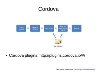 Cordova
● Cordova plugins: http://plugins.cordova.io/#/
We are on Kickstarter! http://tiny.cc/html5gamedev
 