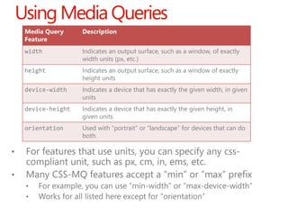 Using Media Queries
 Media Query     Description
 Feature
 width           Indicates an output surface, such as a window, ...