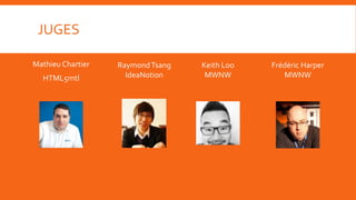 JUGES

Mathieu Chartier   Raymond Tsang   Keith Loo   Frédéric Harper
  HTML5mtl           IdeaNotion     MWNW          MWNW
 
