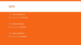 WIFI

SSID: MicrosoftNorth
Mot de passe: northnorth


SSID: MicrosoftEast
Mot de passe: easteast


SSID: MicrosoftWest
Mot de passe: westwest
 